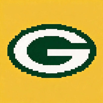 A pixel-art style Green Bay Packers logo featuring a dark green oval with a white border and a white letter G on a solid yellow background.