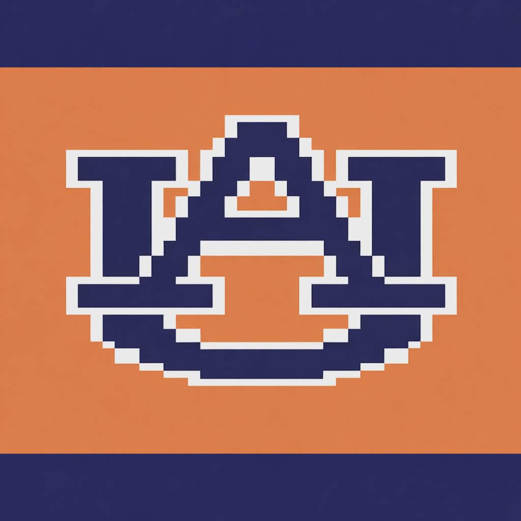 Pixelated 'AU' logo on an orange and navy background