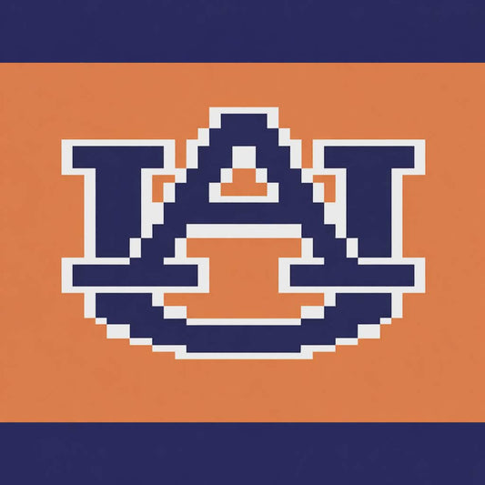 Pixelated 'AU' logo on an orange and navy background