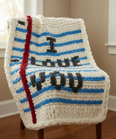A chunky hand-knit throw blanket draped over a chair in a room. The blanket has horizontal stripes in cream, light blue, and dark charcoal gray, with a thick red vertical stripe on the left side.