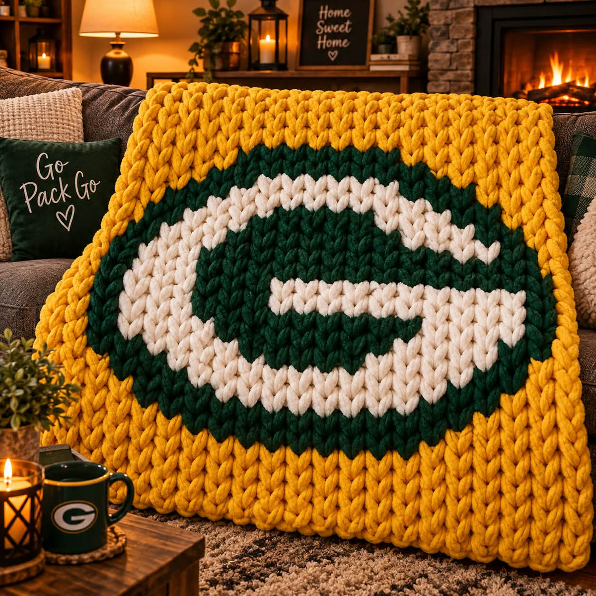 A chunky knit blanket featuring the Green Bay Packers logo, draped over a couch in a cozy living room setting with a fireplace and warm ambient lighting.