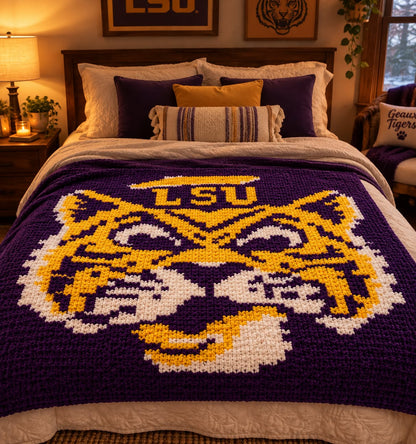 A cozy bedroom scene with a bed made up with a large crocheted LSU tiger head blanket in purple, yellow, and white. The room is warmly lit with bedside lamps, framed wall art, and matching purple accent pillows.