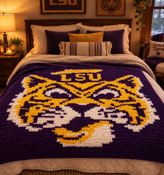 A cozy bedroom scene with a bed made up with a large crocheted LSU tiger head blanket in purple, yellow, and white. The room is warmly lit with bedside lamps, framed wall art, and matching purple accent pillows.