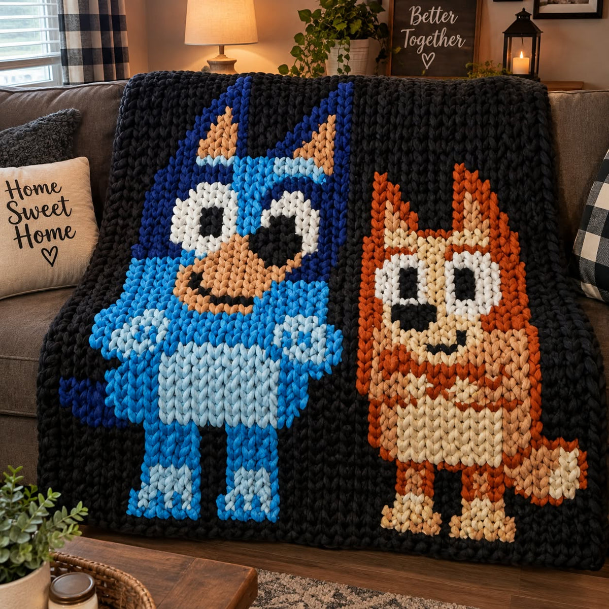 A handmade chunky-knit blanket featuring Bluey characters, displayed on a dark brown couch in a cozy living room setting.