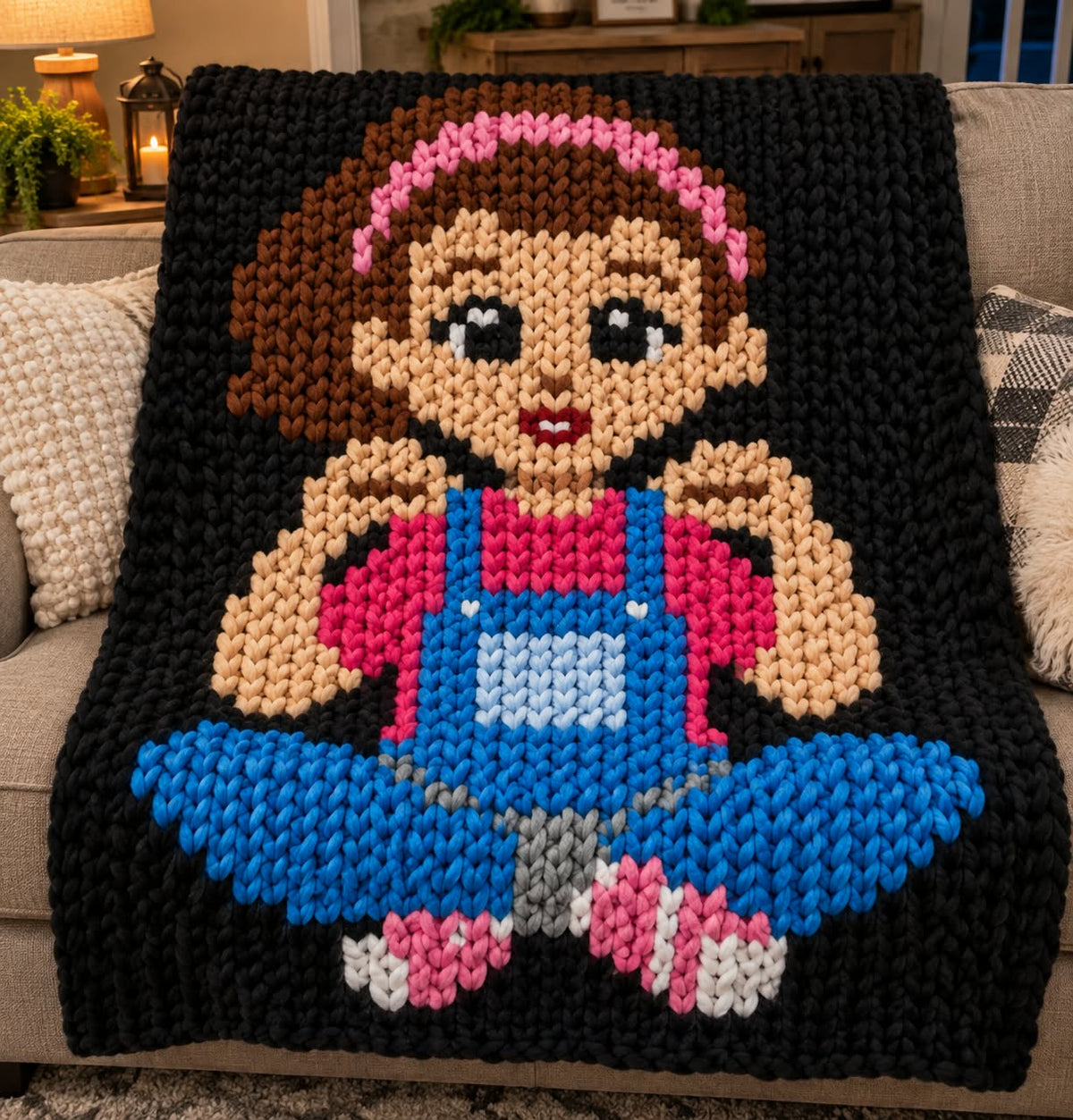 A black crocheted blanket featuring a pixelated cartoon girl with brown hair, a pink headband, a pink shirt, blue overalls, and pink-and-white sneakers, displayed on a beige couch in a living room.