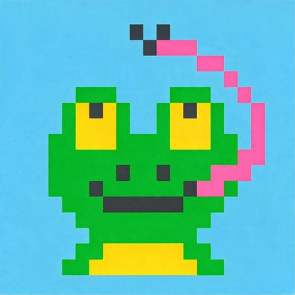 A chunky knit pattern featuring a frog eating a fly design with a blue background 