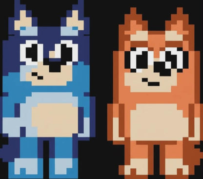 Two pixel art characters, one blue and one orange, standing side by side on a black background.