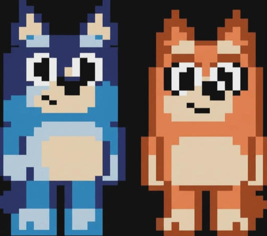 Two pixel art characters, one blue and one orange, standing side by side on a black background.