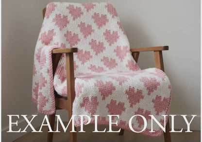 Pink and white patterned blanket draped over a wooden chair with 'EXAMPLE ONLY' text overlay.