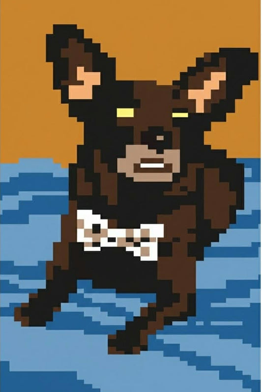 Pixel art illustration of a brown dog with large ears, wearing a white bow tie, set against a warm orange-brown background and blue water-like shapes below.