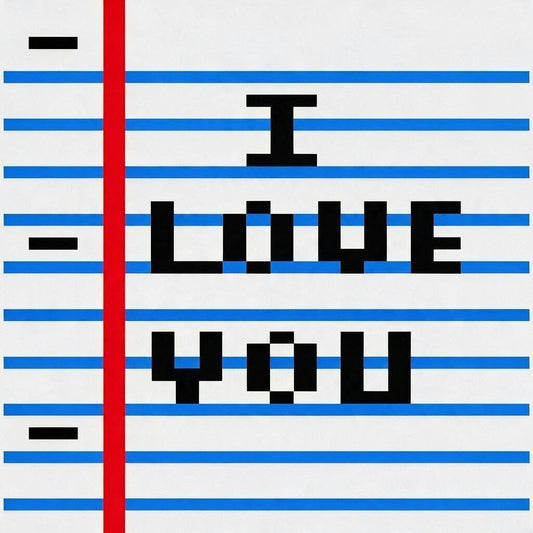 Pixel art graphic with the text 'I LOVE YOU' in black block letters over a white background with blue horizontal lines and a red vertical margin line, mimicking lined notebook paper.