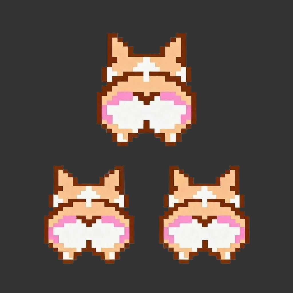 Three pixel-art corgi backs in a retro 8-bit style, arranged on a dark gray background. The corgis are tan and white with pink inner ears and brown outlines.