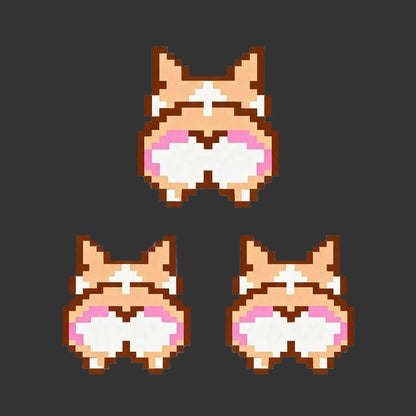 Three pixel-art corgi backs in a retro 8-bit style, arranged on a dark gray background. The corgis are tan and white with pink inner ears and brown outlines.