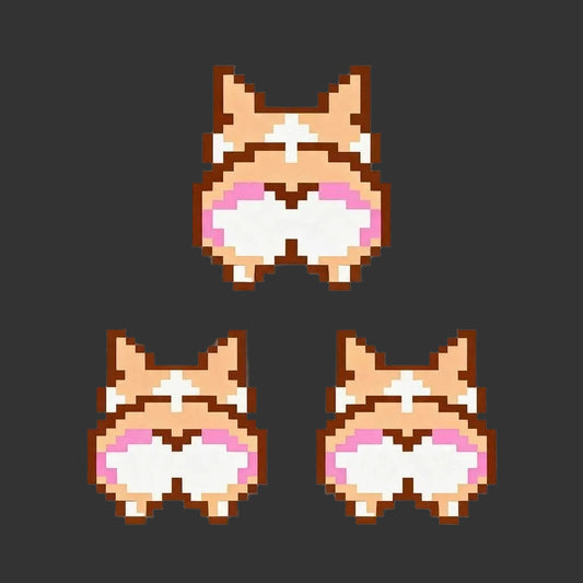 Three pixel-art corgi backs in a retro 8-bit style, arranged on a dark gray background. The corgis are tan and white with pink inner ears and brown outlines.