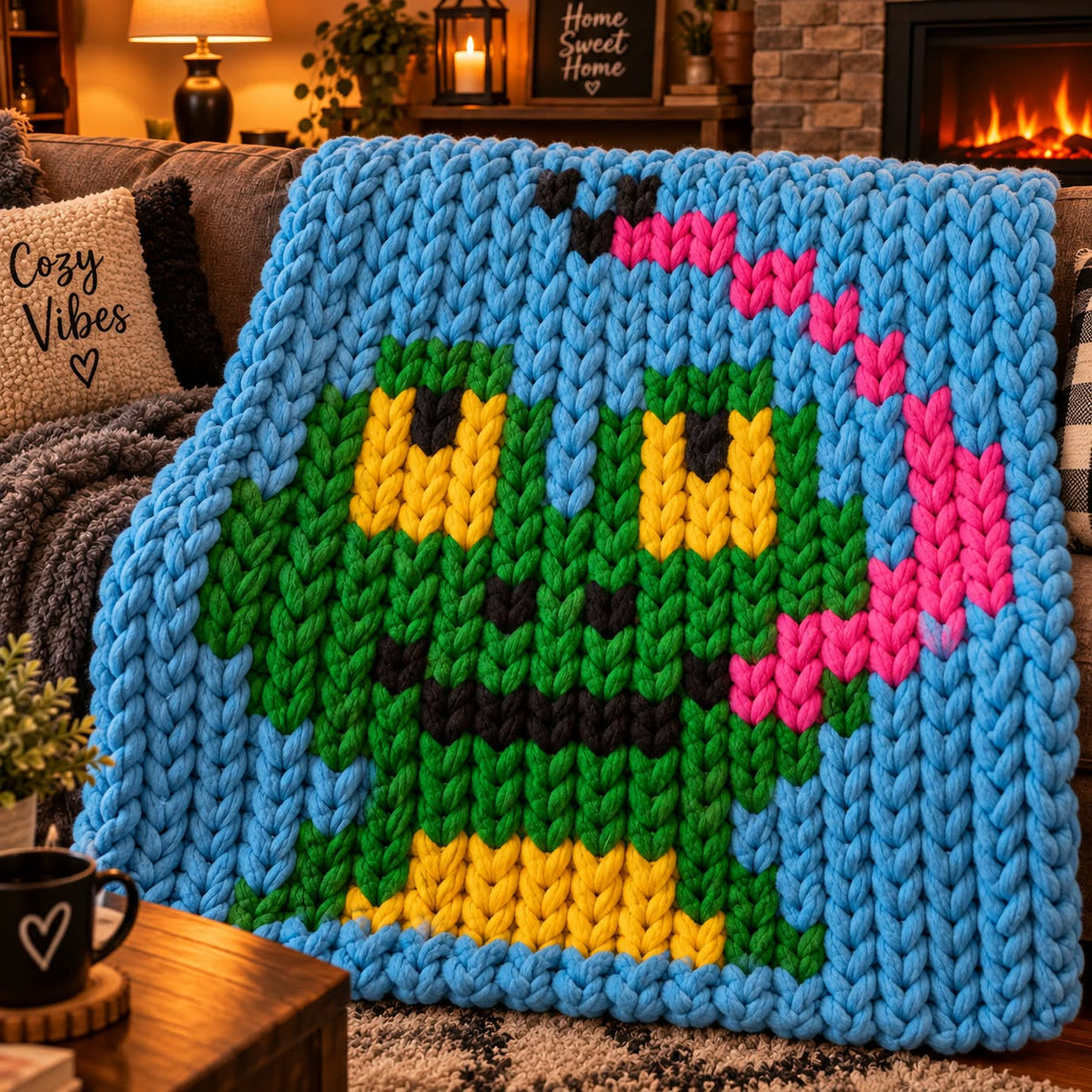 A chunky Knit blanket featuring a frog eating a fly design with a blue background
