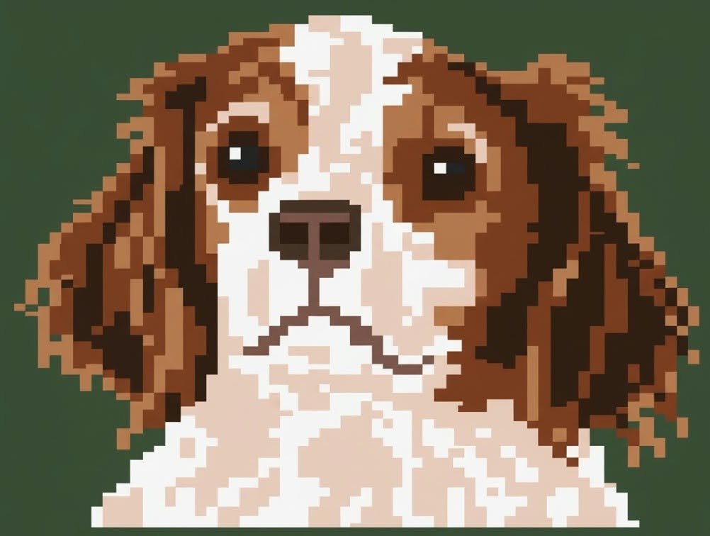 Pixel art portrait of a brown and white dog on a dark green background.