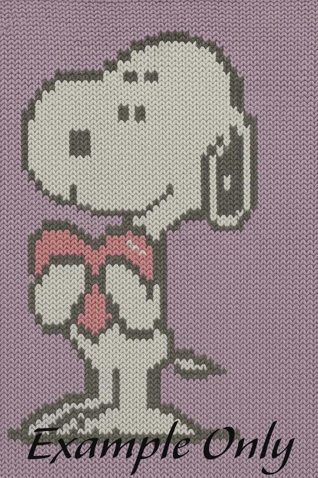 Cross-stitched pattern of a character with a bow tie on a purple background