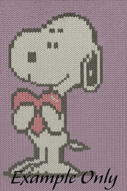 Cross-stitched pattern of a character with a bow tie on a purple background