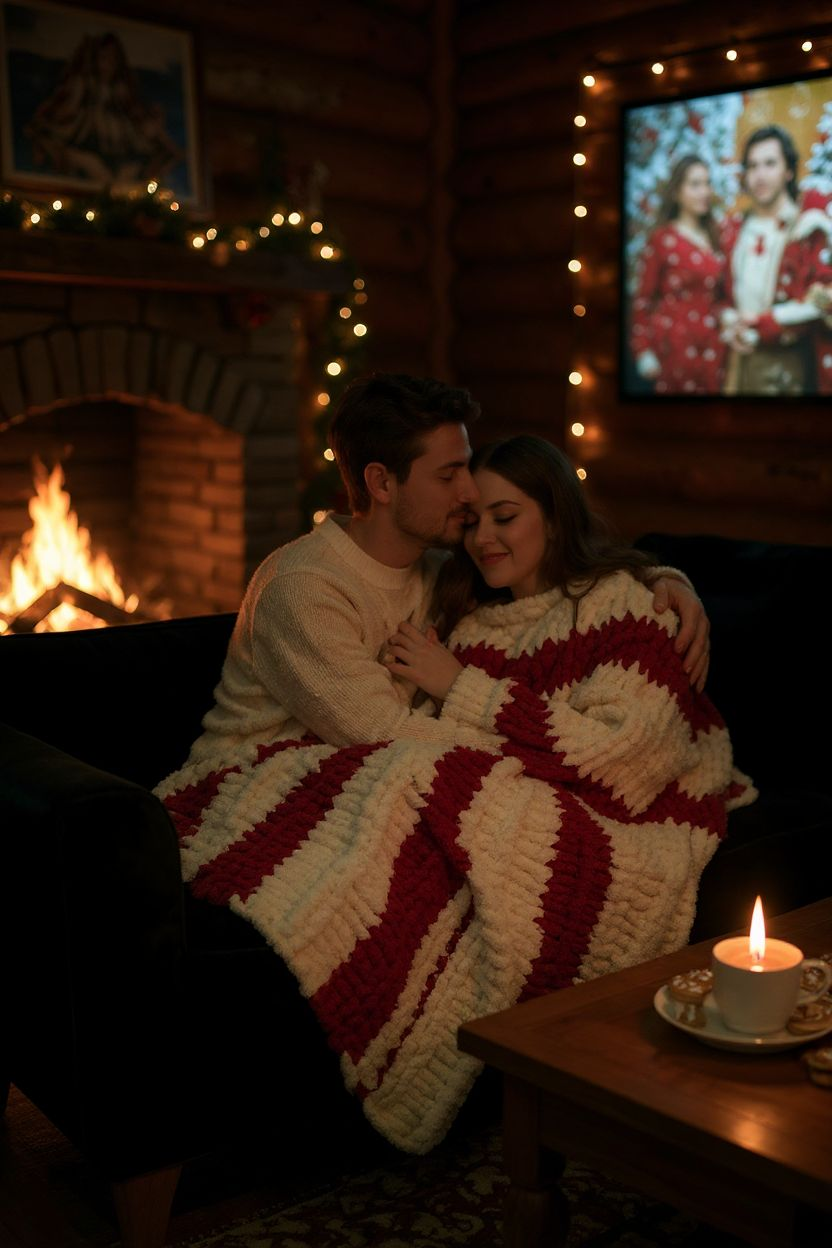 Couple wrapped in a red and white blanket in a cozy room with a fireplace and TV.