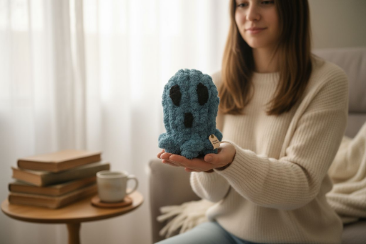 Woman holding a blue knitted ghost toy in a cozy living room.