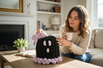 Woman sitting on a couch holding a mug, looking at a knitted black ghost with pink accents on a wooden table.
