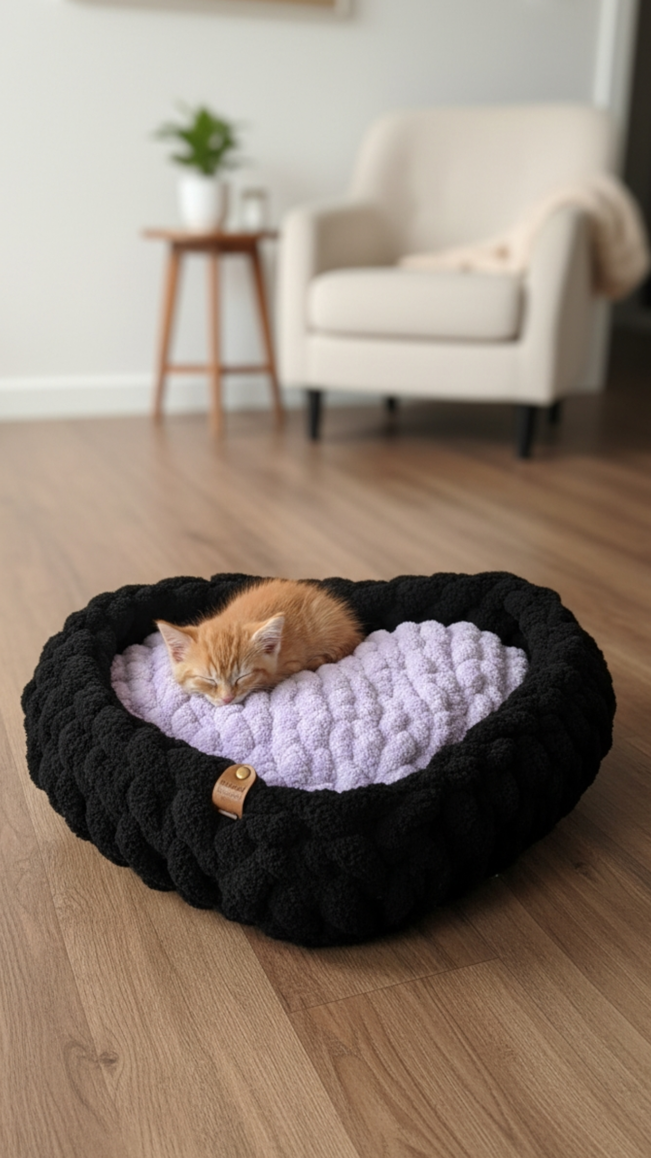 kitten on heart shaped pet bed