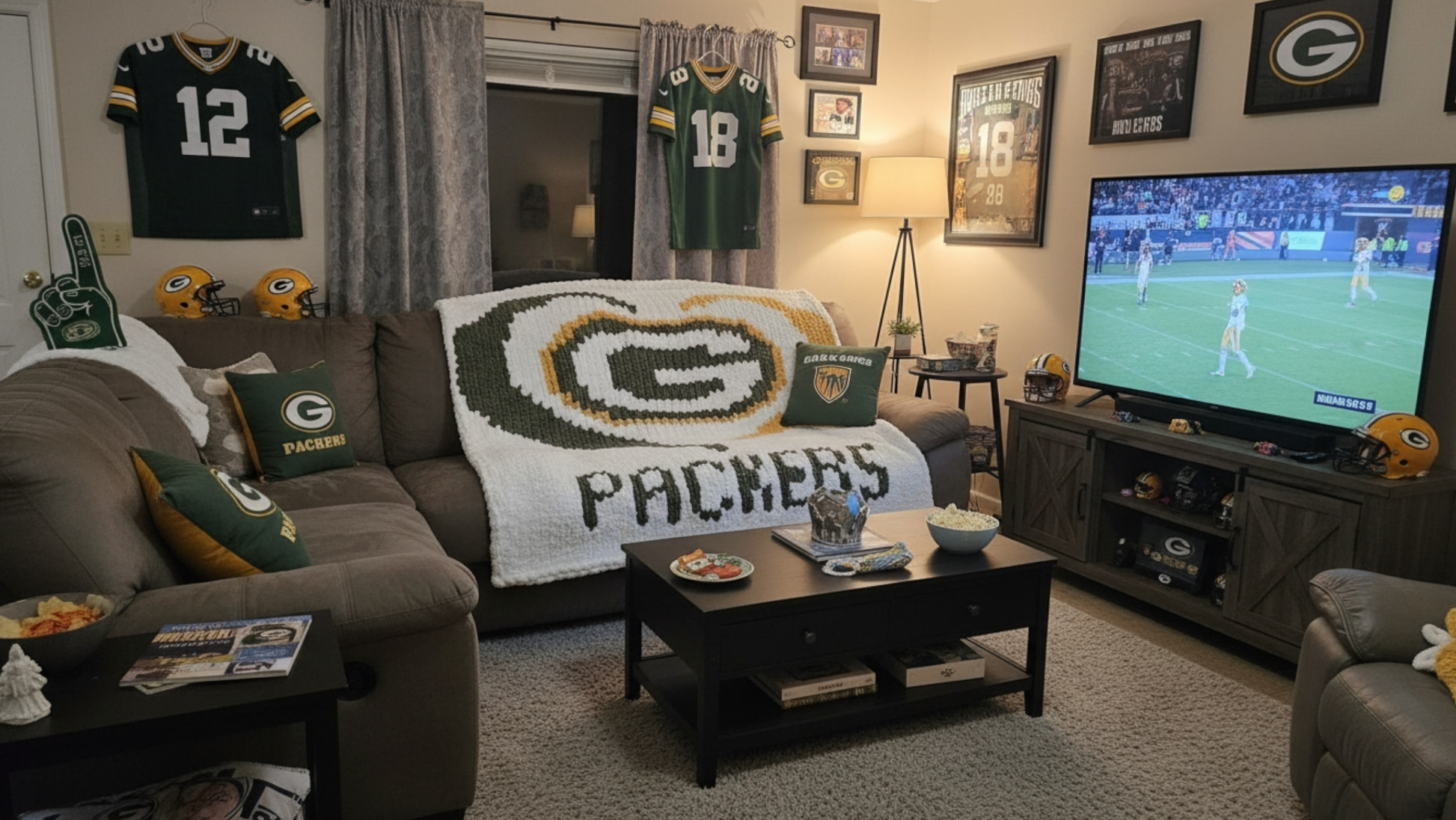 Living room with sports-themed decor, including a Packers blanket and jerseys.