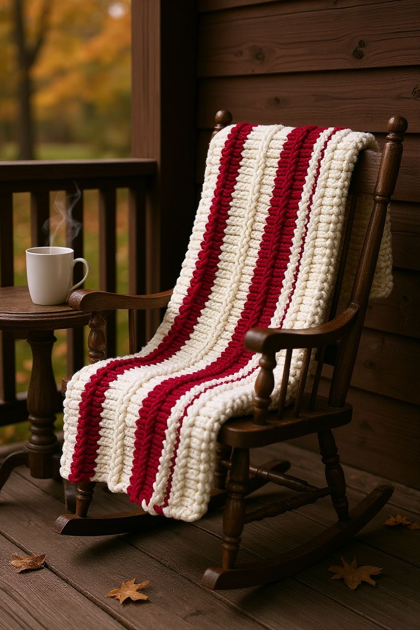 Striped red and white blanket draped over a wooden rocking chair on a wooden deck with a cup of coffee.