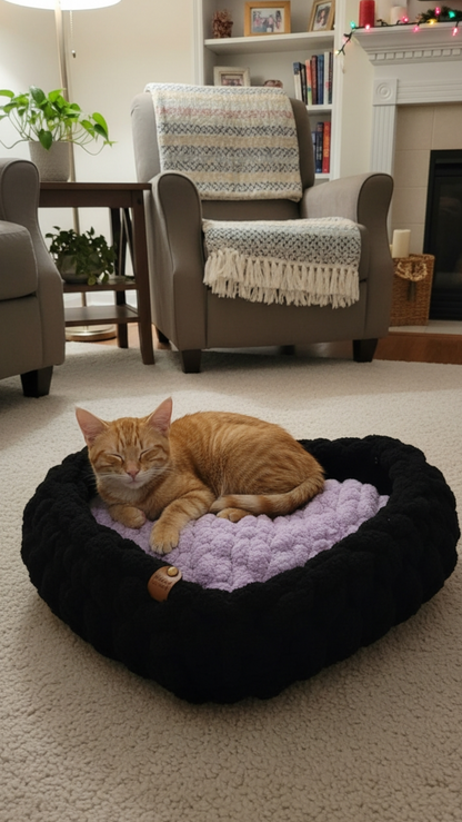 cat on Heart shaped pet bed black and purple
