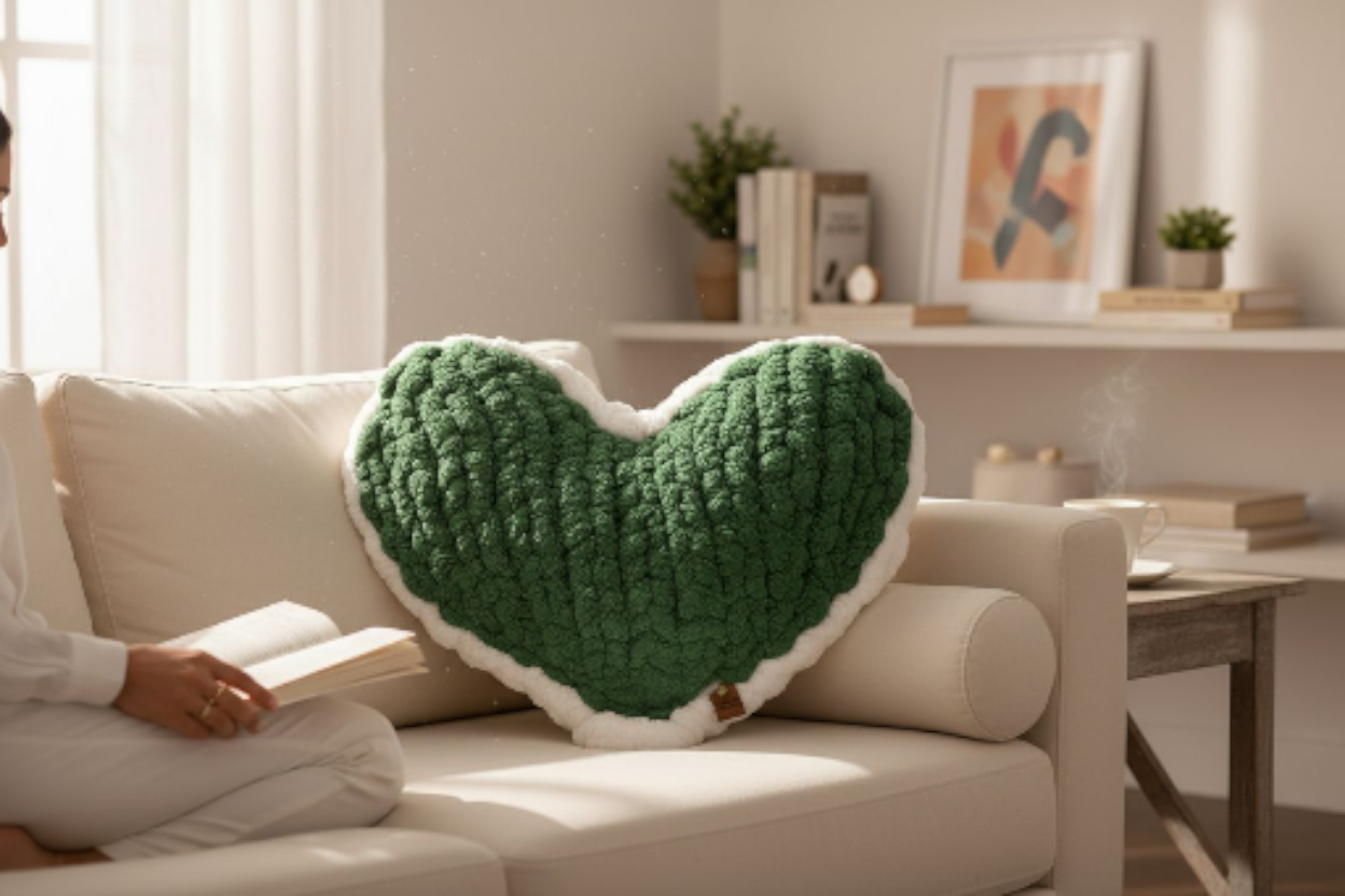 Green heart-shaped pillow on a beige sofa in a living room setting.