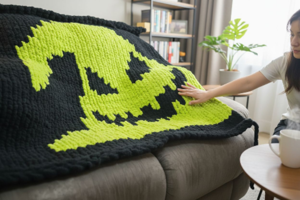 Person holding a green and black patterned blanket on a couch in a living room.