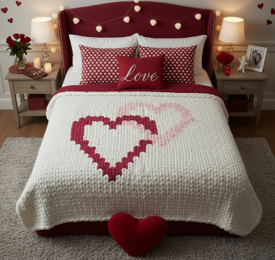 Bedroom with a bed featuring a heart-patterned blanket and red pillows.