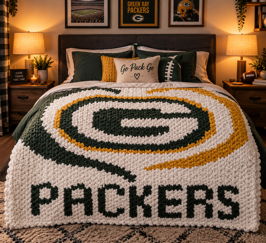 Chunky Knit Pack Pride Blanket showcased on a bed in a warm cozy room.