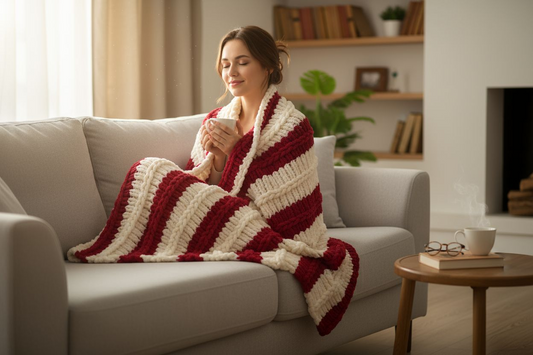 Woman sitting on a couch wrapped in a red and white striped blanket, holding a book.
