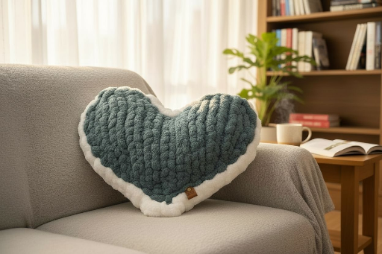 Heart-shaped knitted pillow on a couch in a cozy living room.