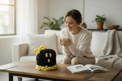 Woman sitting on a couch holding a mug, with a small black and yellow ghost on a table in front of her.