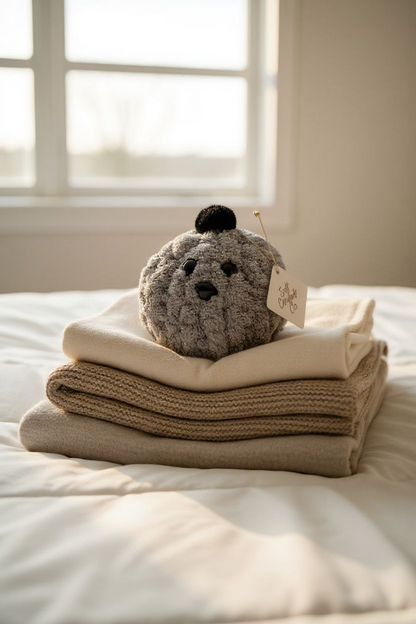 Plush toy with a tag on top of folded blankets on a bed