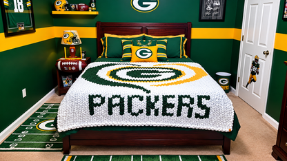 Pack Pride chunky knit Blanket in a Green Bay-themed room