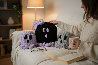 Person sitting on a couch with knitted ghost cushions and a book