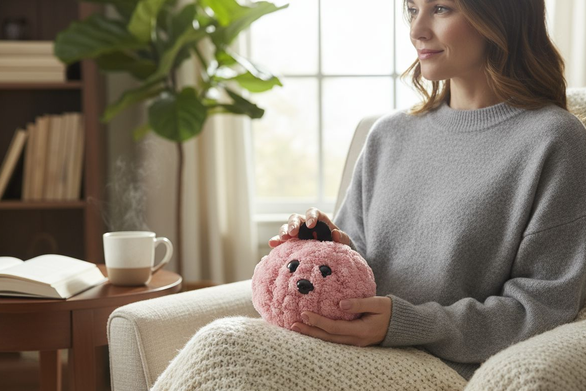 Woman holding a pink plush toy in a cozy living room.