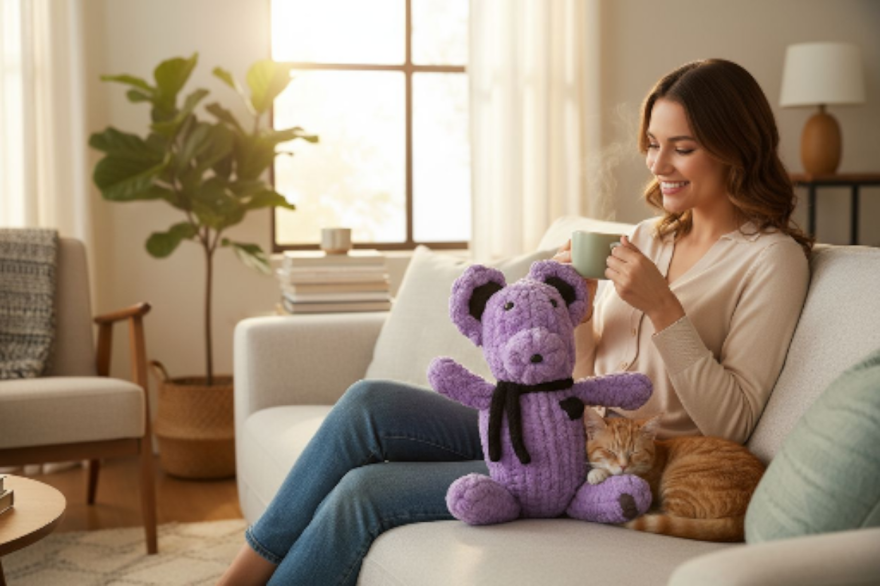 Woman sitting on a couch with a purple teddy bear and a cat, holding a mug.