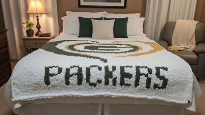 Bed with a 'Packers' blanket draped over it in a bedroom setting.
