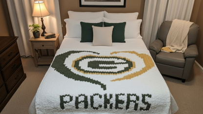 Bedroom with a Green Bay Packers blanket draped over the bed.