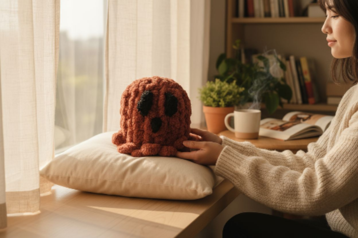 Person holding a plush ghost toy next to a window with a cozy indoor setting.