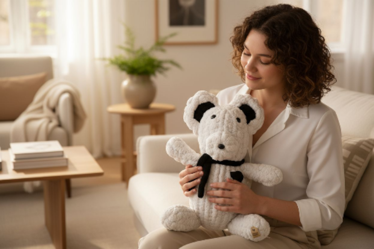 Woman holding a white teddy bear with black accents in a cozy living room.