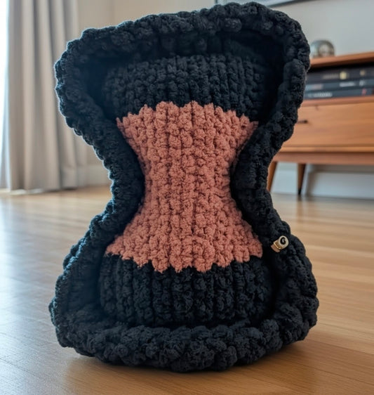 Crocheted black and pink Pet Bed on a wooden floor.