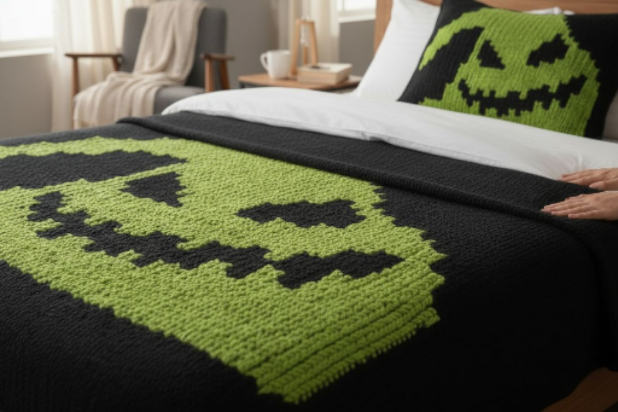 Green and black patterned blanket draped over a bed with a person's hand visible.