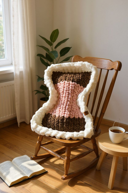 Wooden rocking chair with a knitted brown and pink dog bed on a wooden floor with a cup and book.