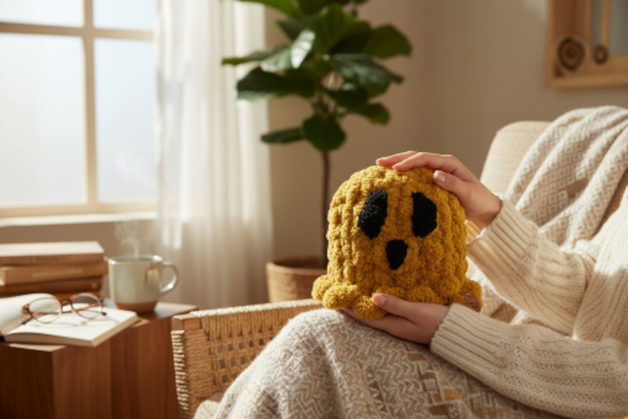 A person holding a mustard knitted ghost in a cozy living room.
