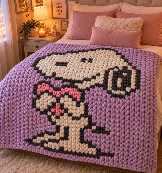 A cozy bedroom scene with a knitted blanket featuring a cartoon dog character in cream, black, and pink on a lavender background, styled on a bed with pink pillows and a bedside lamp.